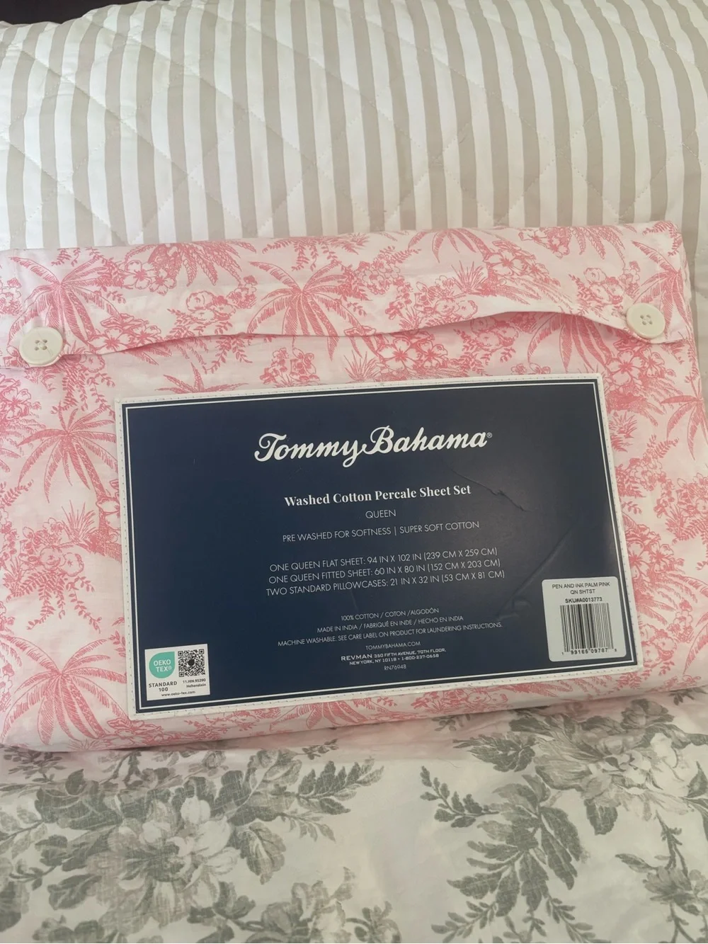 Tommy Bahama NWT Queen 100% Cotton Percale Sheet Set in Pen and Ink Palm/Pink